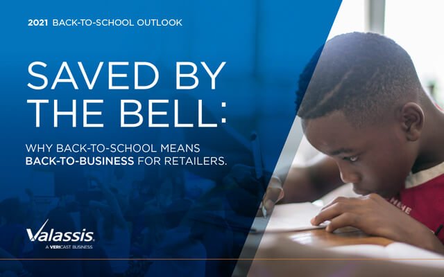 2021 Back-to-School Outlook. Saved by the bell: Why back-to-school means back-to-business for retailers. A royal blue overlay on a photo of a elementary school-aged black child doing homework.
