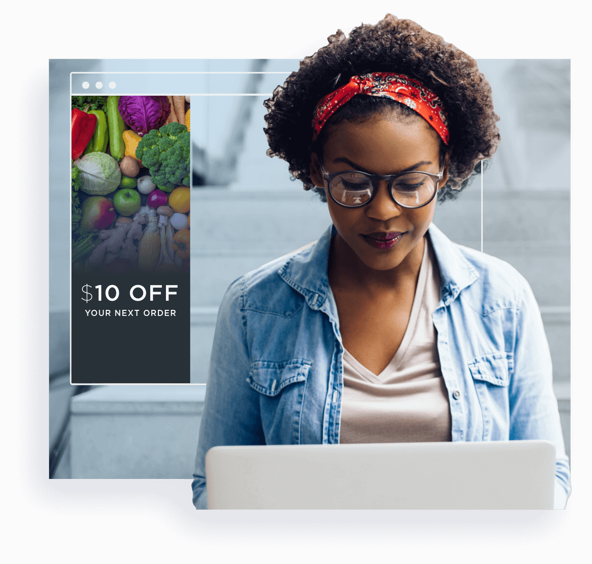 person at laptop with coupon graphic